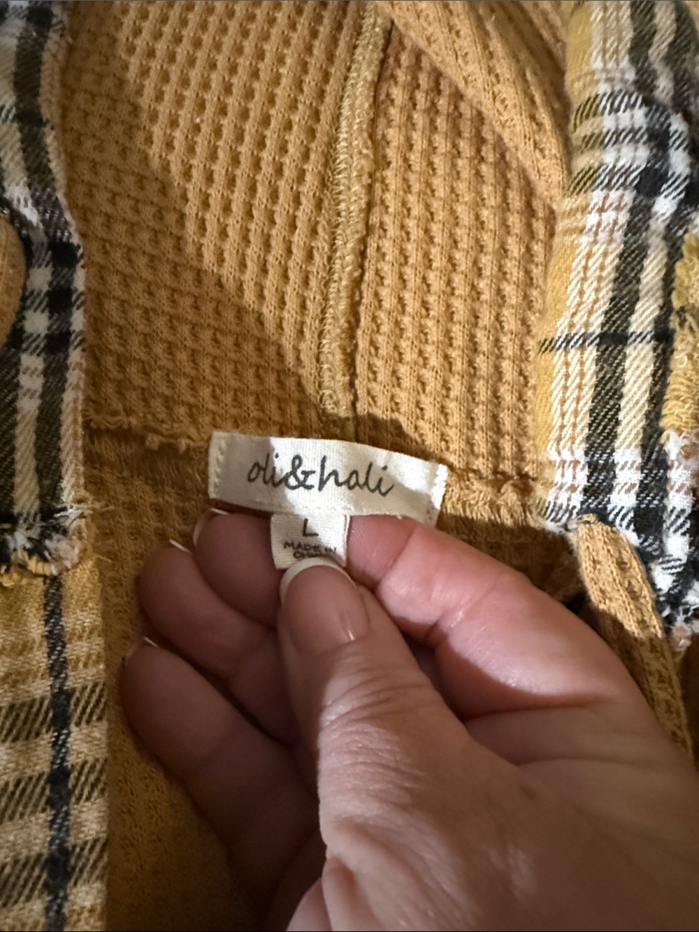 Oli & Hali Mustard Yellow Waffle-Knit Hoodie with Plaid Panels - Picture 2 of 6